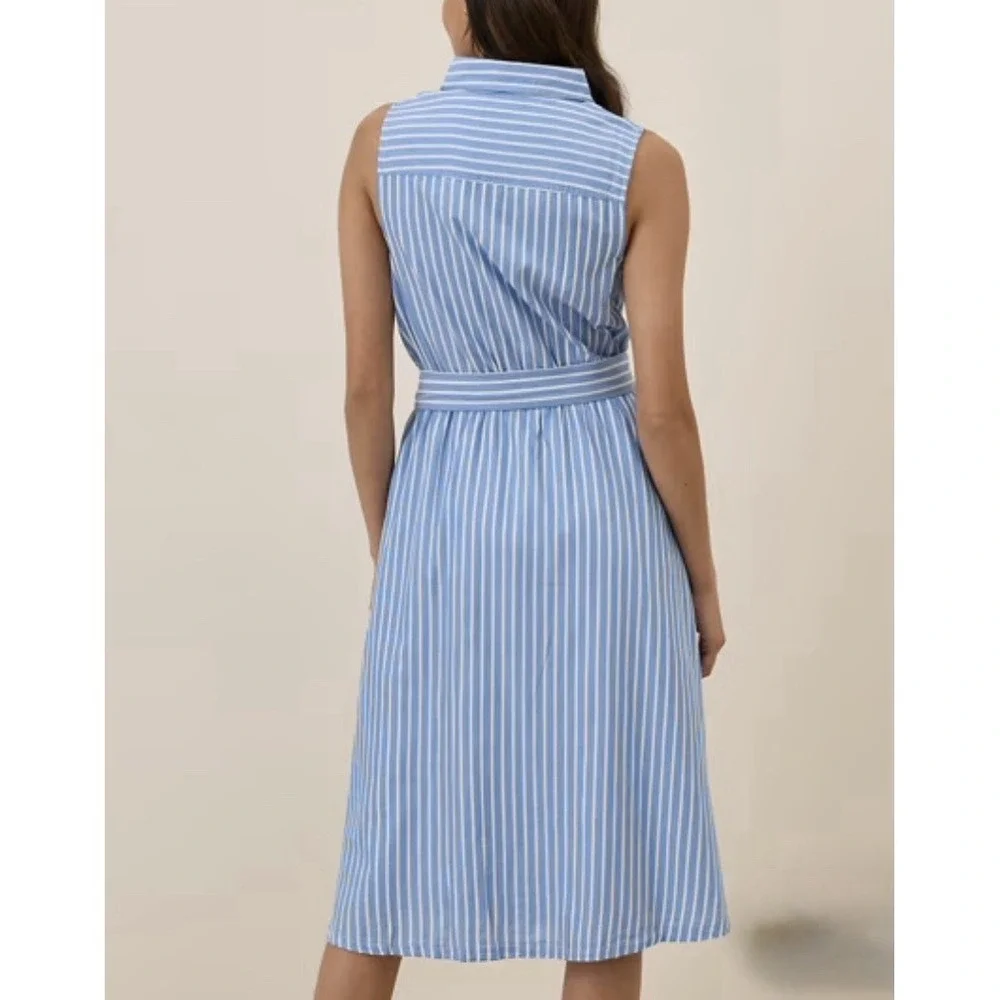Pact Women L Sunset Lightweight Striped Blue Sleeveless Shirtdress w Pockets - Picture 2 of 9